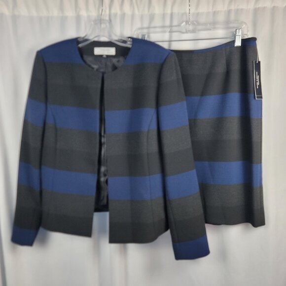 Tahari ASL Blue & Gray Striped Skirt Suit Women's Size 12 Collarless Jacketdd - Picture 1 of 16